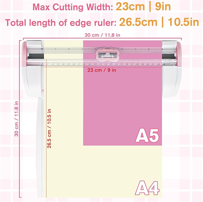 Meafeng 3-in-1 Paper Trimmer with Straight, Scoring & Perforating Blades, 9" A5 Cutter for Crafting, Scrapbooking, Cardstock, Labels & Home Office Use – Compact & Portable (Pink)