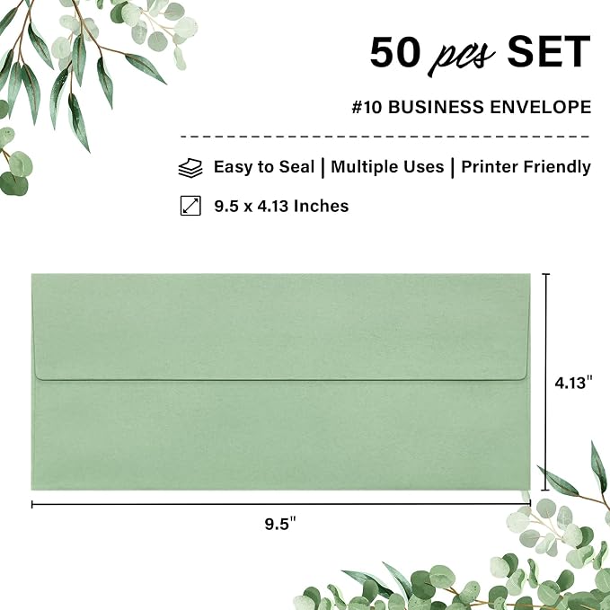 50 Pack #10 Sage Green Envelopes Letter Size Self Seal Business Envelopes | Security Mailing Envelopes, 4 1/8 x 9 1/2 Inches