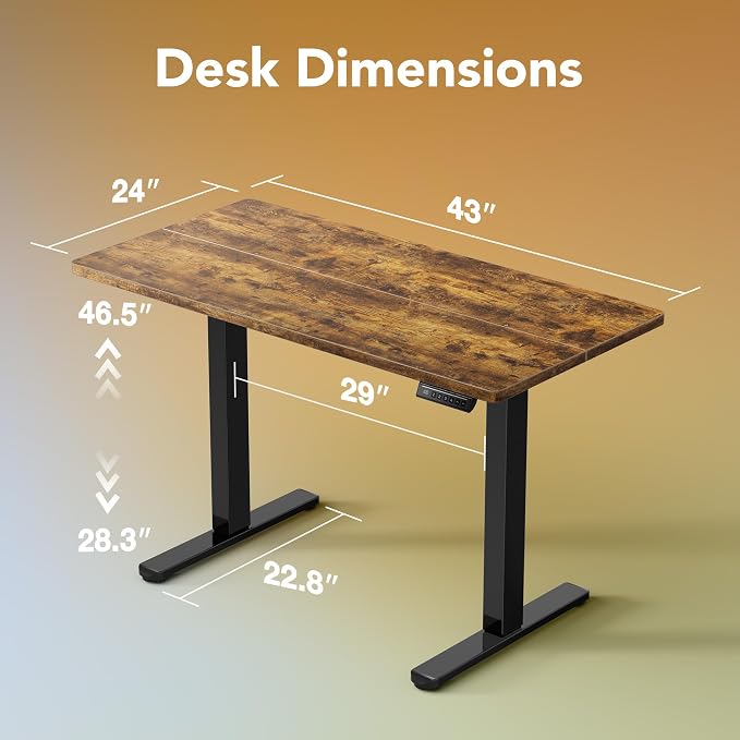 HUANUO 43x24 Inch Electric Standing Desk, Height Adjustable, Rustic Brown | 176 Lbs Capacity, Smooth Home Office Desk, 4 Memory Presets & Headphone Hooks, 28.3–46.5 Inch Height Range, Easy to assemble