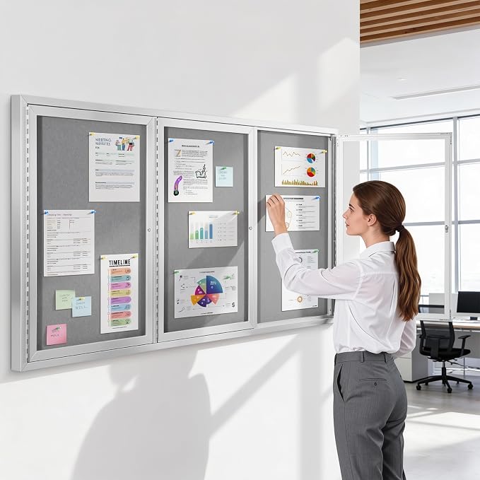 SWANCROWN 70x36 in Outdoor Bulletin Board Wall Display Board, Grey Felt | Enclosed, Weatherproof, Shatter Resistant, Silver Aluminum Frame, Notice Board for Office School Business Community