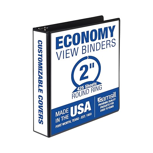Samsill 2 Inch 3 Ring Binder, Economy Round Ring, Clear View Cover, 425 Sheet Capacity - for School, Home, Office - Charcoal Black