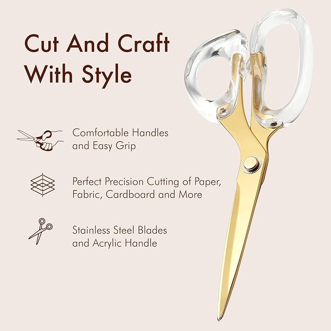 9” Stainless Steel Acrylic Scissors, Clear with Gold Metal | Aesthetic and sharp all purpose scissors, Perfect for sewing, arts, and crafts, Stationery tools for office, and school