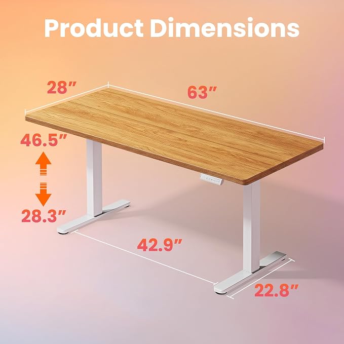 HUANUO 63x28 Inch Electric Standing Desk, Adjustable, Light Vintage Brown | 176 Lbs Capacity, Smooth Home Office Desk, 4 Memory Presets & Headphone Hooks, 28.3–46.5 Inch Height Range, Easy to assemble