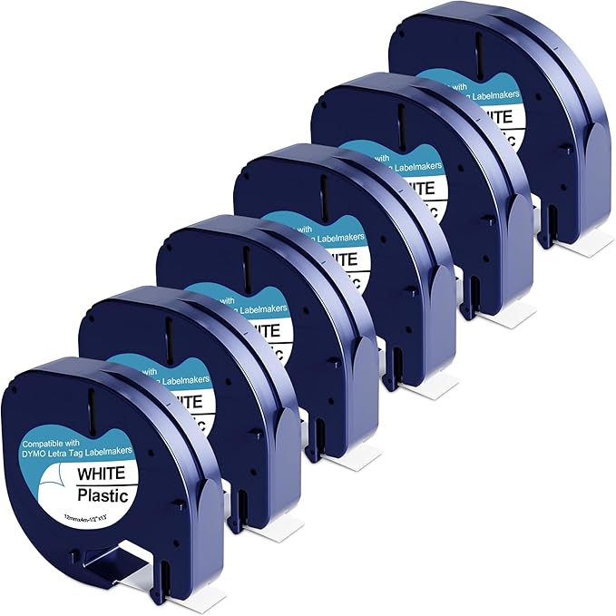 6-Pack 91331 Plastic White Label Tape Replacement for Dymo Letratag Refills 12mm x 4m 1/2 Inch x 13 Feet Work with DYMO LetraTag LT-100H LT-100T QX50 Label Makers