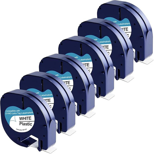 6-Pack 91331 Plastic White Label Tape Replacement for Dymo Letratag Refills 12mm x 4m 1/2 Inch x 13 Feet Work with DYMO LetraTag LT-100H LT-100T QX50 Label Makers