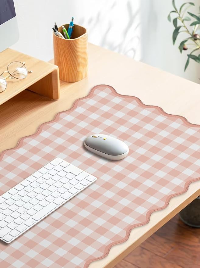 Scalloped‌ Pink Checkered Gingham Desk Mat Cute Pastel Large Mouse Pad Kawaii Cottagecore ‌Vintage‌ Girly Laptop Keyboard Computer Mat Pad Aesthetic Cozy Office Desk Decor for Women