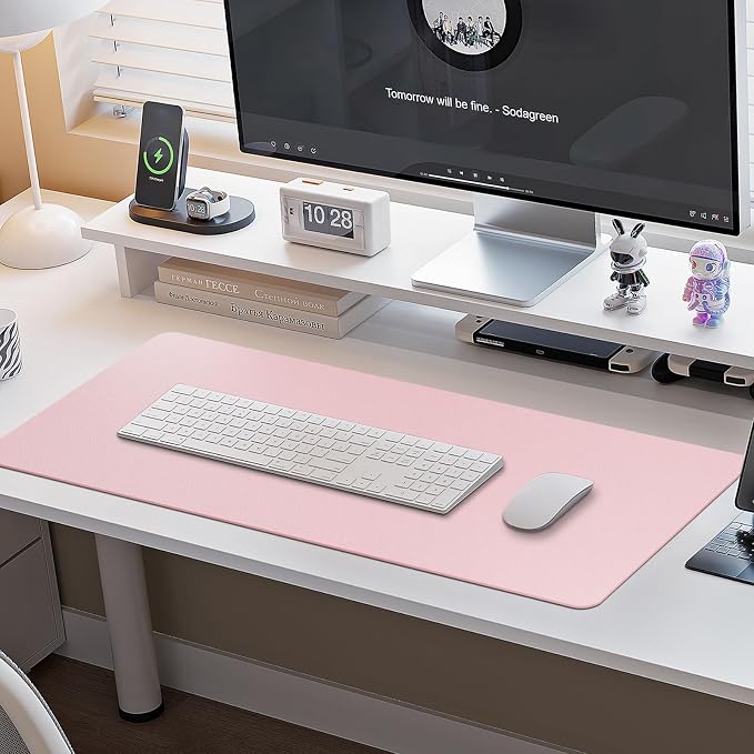 Boutilon Leather Desk Pad Protector,Non-Slip Mouse Pad,Laptop Desk Pad,Office Mouse Mat,Waterproof Leather Desk Blotter,Desk Writing Pad for Office and Home (M-Light Pink,30"x14")