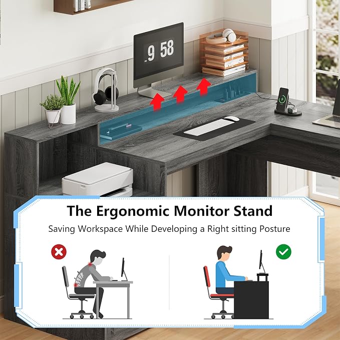 63" Farmhouse L Shaped Desk with Drawers & Printer Shelf for Home Office | Corner Computer Desk with Storage, Power Outlets, L Shaped Office Desk with Monitor Stand, Printer Shelf, Dark Gray