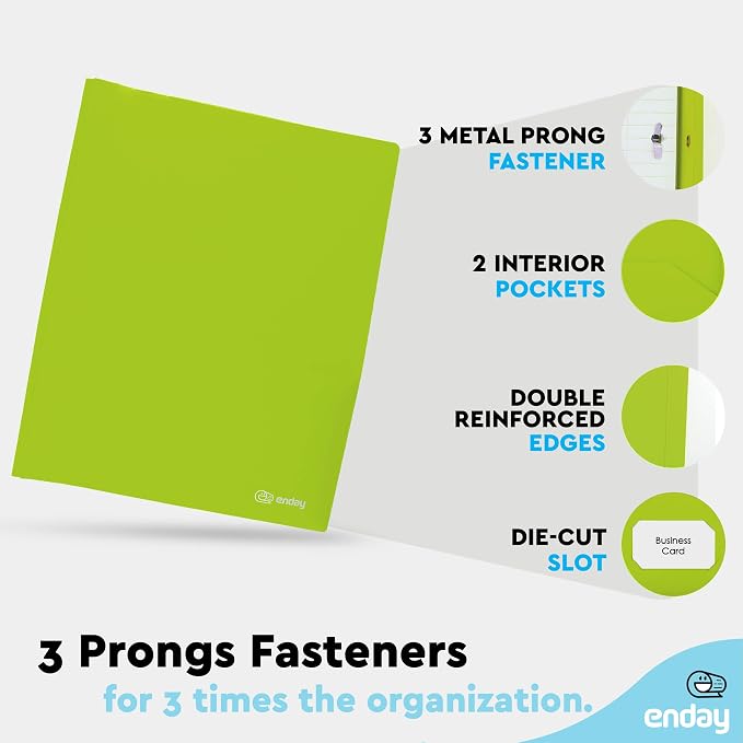 Plastic Folders with Pockets and Prongs Green - Two Pocket Folder with Brads - 3 Prong Folders with Pockets for Letter Size Sheets, Also Available in Blue, Purple, Red, Pink, and Grey, 1 Pc –by Enday