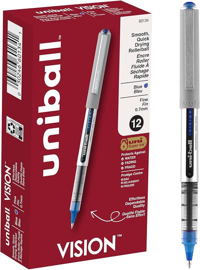 uni-ball uniball Vision Rollerball Pens with 0.7mm Fine Point, Blue, 12 Count