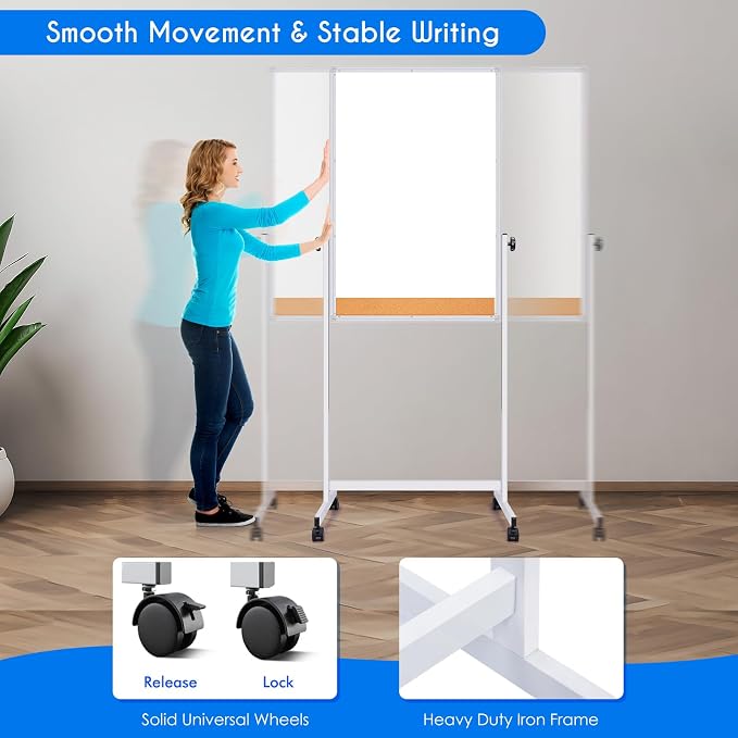 Maxtek Rolling White Board 48 x 24 in, Magnetic Cork Board Combo on Wheels | Mobile Easel Height Adjustable Magnetic Dry Erase and Cork Board Double-Sided with Stand for Classroom, Home, School, Office