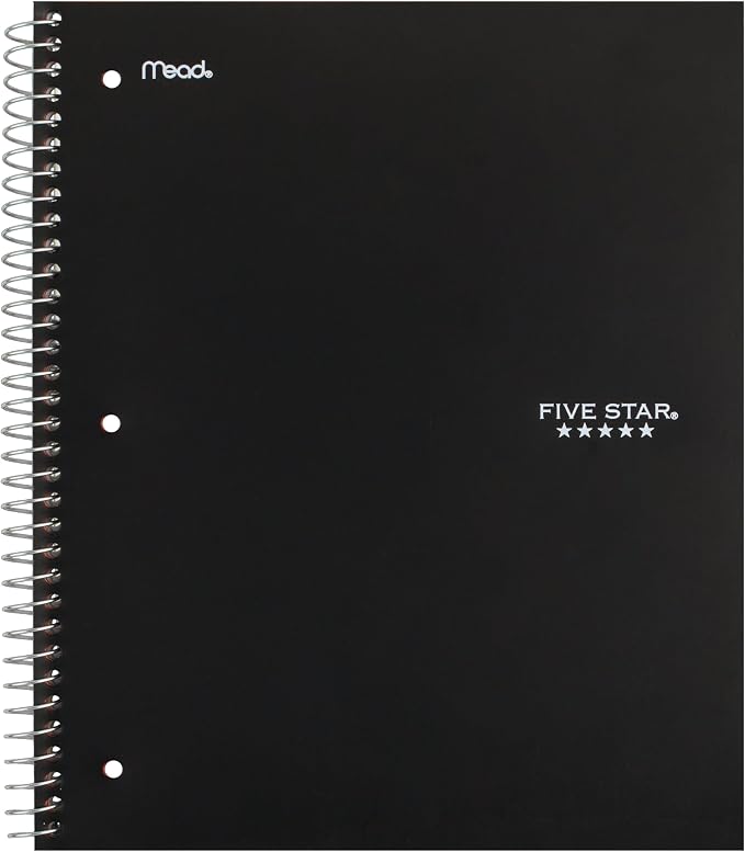 Five Star Spiral Notebook + Study App, 3 Subject, Wide Ruled Paper, 8" x 10-1/2", 150 Sheets, Black (73094)