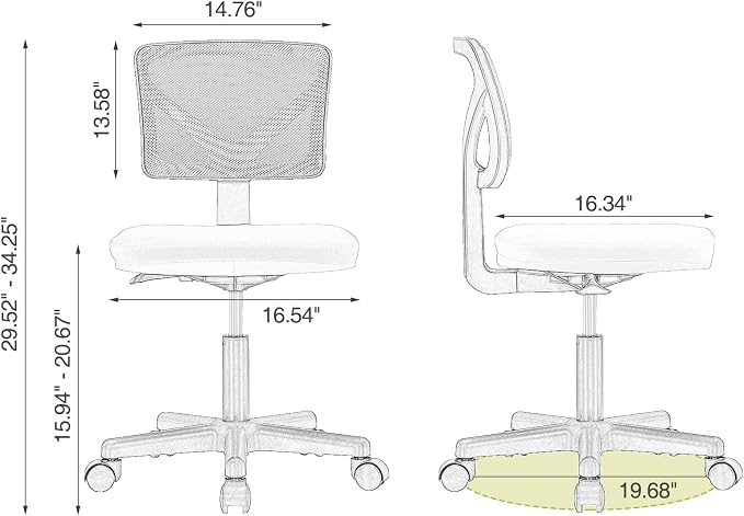 Sweetcrispy Small Armless Desk Chair, Mesh Rolling Office Chairs | Adjustable Ergonomic Lumbar Support, Low-Back, Swivel Wheels, Home Work, Bedroom, Study, Student, Adults, Green