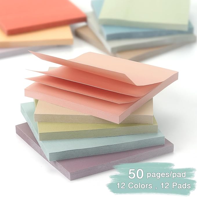 OSBOO Sticky Notes 3x3 Inch 12 Pack Vintage Colors, 50 Sheets/Pad | Morandi Colors Self-Stick Notes Pads Bluk, 600 Sheets Total, Perfect for Daily Reminders, Study Notes, and Office Memos