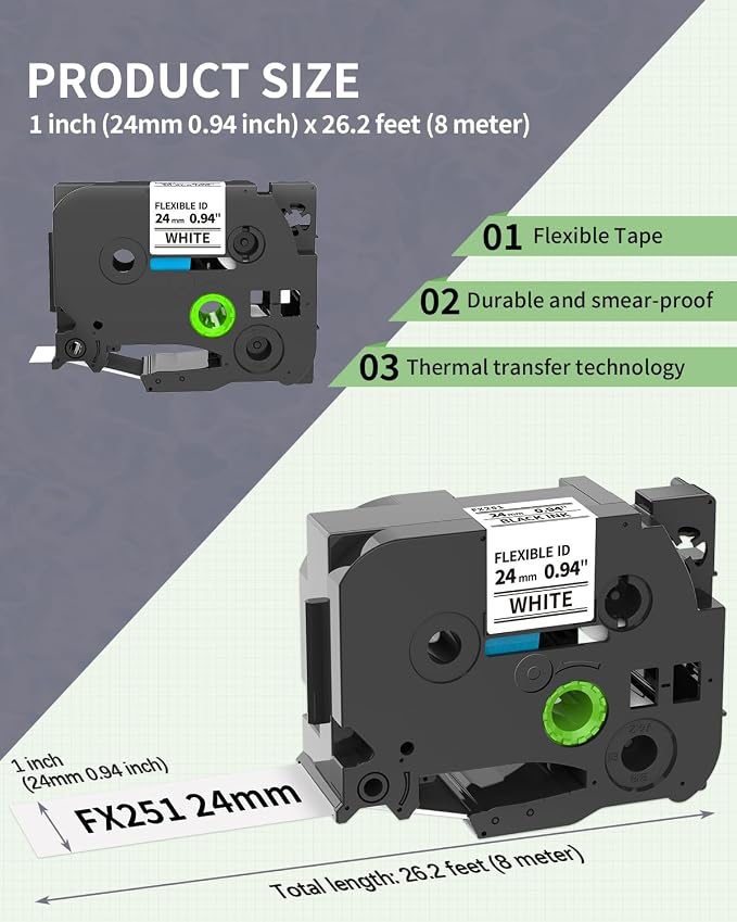 TZE-FX251 Cable Wrap Labels for Ptouch Edge PT-E560BTVP PT-E510VP PT-D600 | PTE500 Label Maker Refills Replace for Brother P-Touch Flexible ID Tape, Tzefx251 24mm 0.94" Laminated White Wire Label, 4PK
