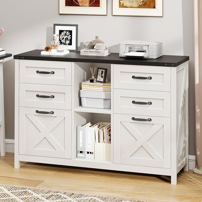 Farmhouse Lateral Filing Cabinet, Lateral File Cabinet with 6 Drawers and Adjustable Shelf, Large Printer Stand with 2 File Drawers for Letter/A4 Size Hanging Files for Home Office, White and Black