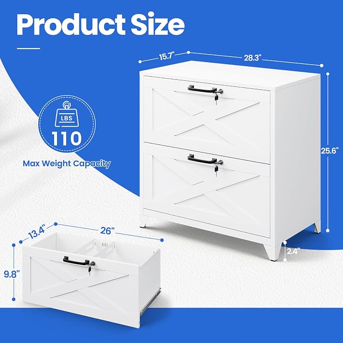 MIIIKO 2 Drawer File Cabinet with Lock,Metal Lateral Filing Storage Cabinets for Home Office,Files Folders Letter/Legal/A4 Size