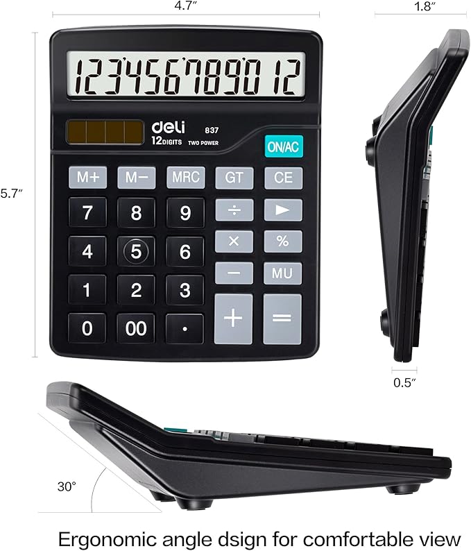 Calculator, Deli Standard Function Desktop Calculators with 12 Digit Large LCD Display and Sensitive Button, Solar Battery Dual Power Office Calculator, Black