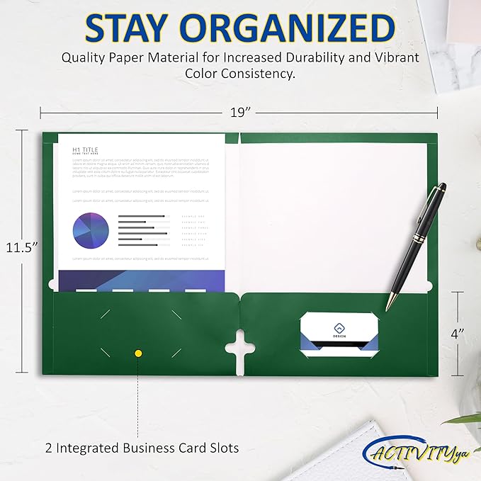 10 Pack Two Pocket Folders, Green, Strong Thick Paper Folders, for Letter Size, by ACTIVITYya