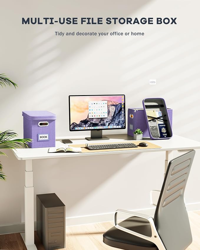 File Organizer Box with Lid, Hanging Filing File Box with Mesh Pocket, Document Organizer Box for Letter Files, Portable Storage Box with Smooth Sliding Rail for Office&Home (1 PCS, Lavender)