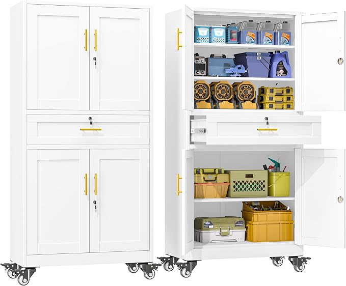 erosoei 75" H Metal Garage Storage Cabinet, Rolling Tool Cabinet | with 2 Doors and Wheels, Locker Steel Cabinet with 4 Adjustable Shelves and Drawer, Organization Cabinet for Garage,Gym
