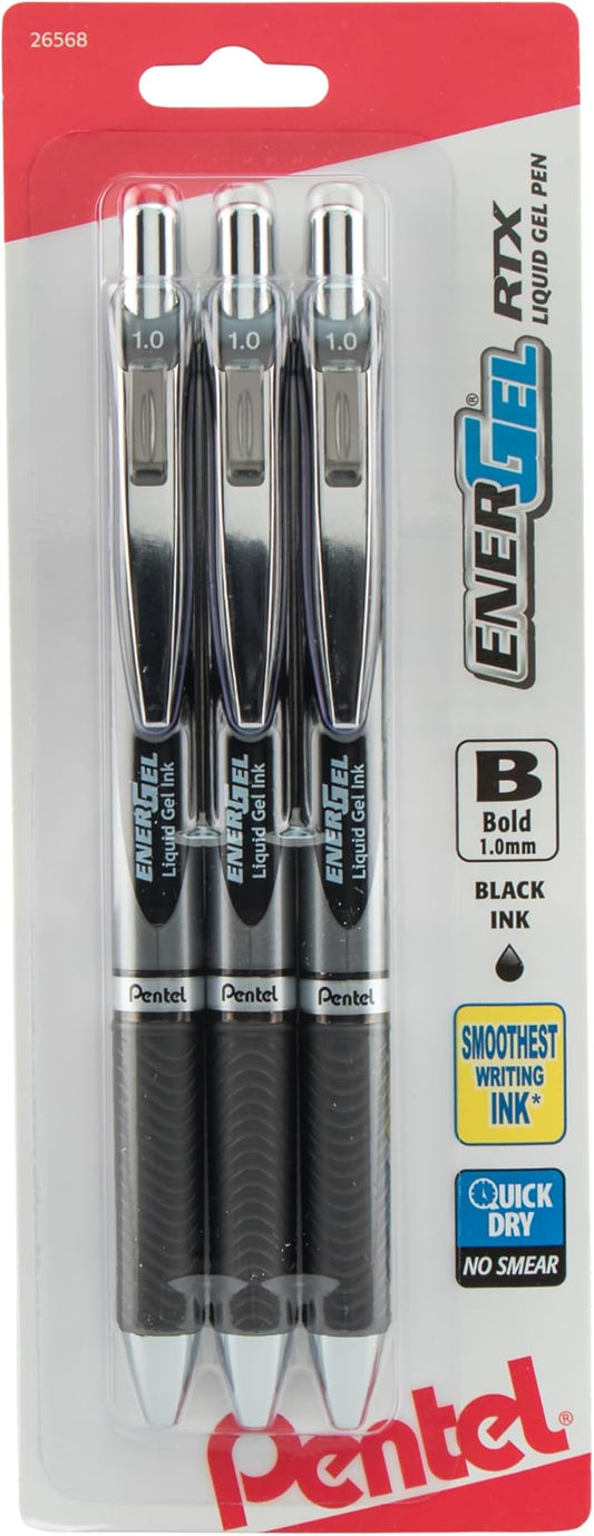 Pentel EnerGel RTX Retractable Liquid Gel Pen, (1.0mm), Bold Line, Metal Tip, Black Ink, Pack of 3 (BL80BP3A)