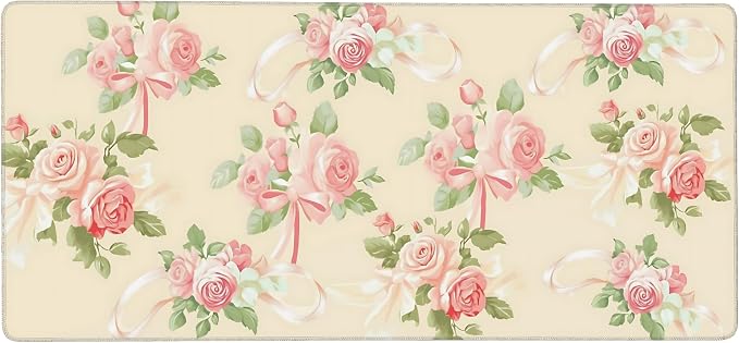 Cute Floral Aesthetic Rose Gaming Mouse Pad, Pink Macaron Desk Mat with Anti-Slip Base & Stitched Edges, Computer Keyboard & Laptop Pad, 35.4" x 15.7" in in Workstation Accessories