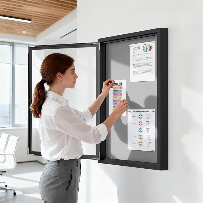 SWANCROWN 36x24 in Outdoor Bulletin Board Wall Display Case, Black Frame | Enclosed, Shatterproof, Weather Resistant, Grey Felt，Black aluminum frame, Notice Board for Office School Business Community