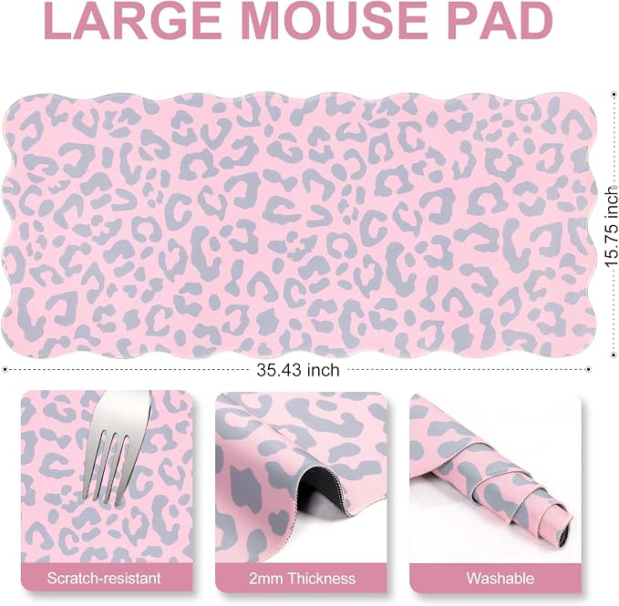 L-SPOUTTO Pink Leopard Mouse Pad,Scalloped Desk Mat XXL Large Cheetah Gaming Mousepad,35.4x15.7in Non-Slip Rubber Base Keyboard Pad Waterproof Desktop Mat for Laptop Computer Game Home Office