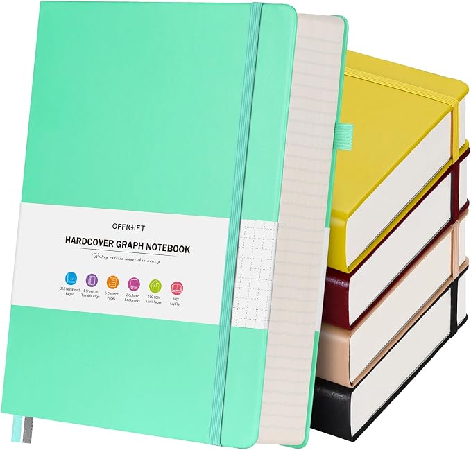 5 Pack Graph Paper Notebook Bulk, A5, 312 Numbered Pages Grid Journal Set | Cost-Effective 5 Pack 1600 Pages, 100gsm No Bleed Paper, Leather Hardcover, Lay-Flat, for Math, Engineering, Technical Notes