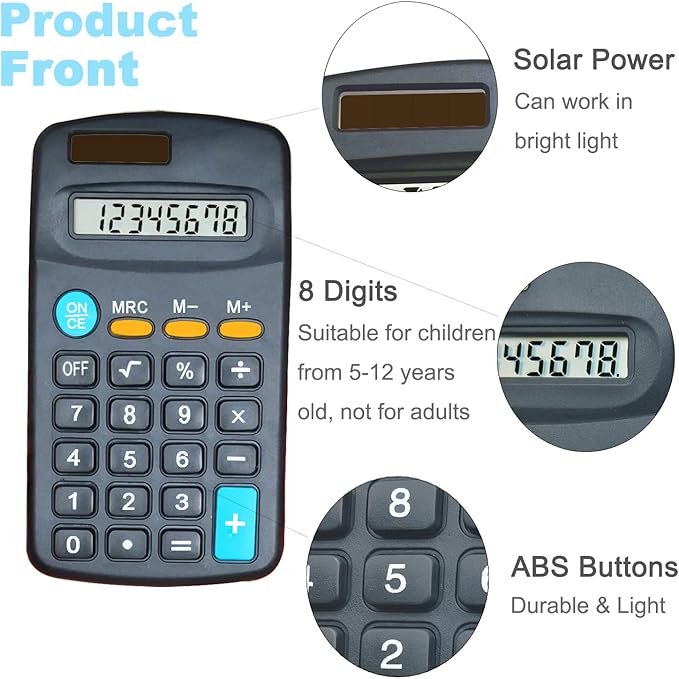 Calculator for School,Basic Calculator (Black,Set of 10) | 8 Digit Dual Power Portable Pocket Size Desktop Handheld for Classroom Desktop Home