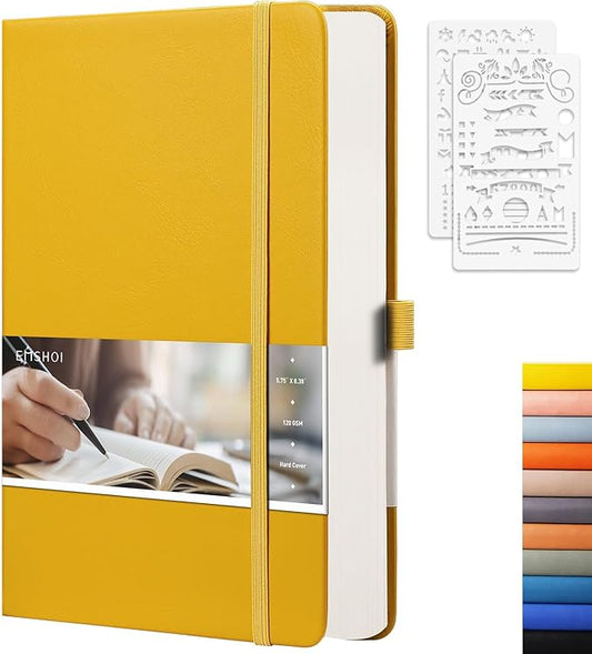EMSHOI A5 Dotted Notebook Hardcover Leather Journal, 256 Pages 120gsm Thick Paper A5 Journal 5.75"x8.38", 16 Perforated Pages & Inner Pocket, Durable Dot Grid Notebook for Bullet Journaling, Yellow