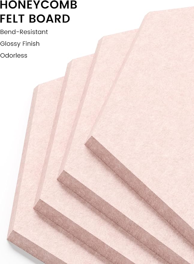 Fluxynara 12-Pack Hexagon Felt Bulletin Board Tiles, Pink-1 | Cork Board Alternative with 60 Adhesive Tabs for Notes, Photos and Reminders in Home Offices, Dorm and Classrooms