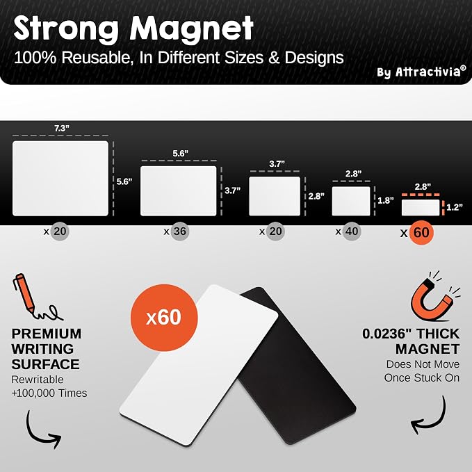 Dry Erase Magnetic Labels 2.8 x 1.2 in, Dry Erase Magnets, 60-Pack, White Erasable Write-On All-Purpose Labels, for Office, Education, Home, Whiteboard, Magnetic Name Tags