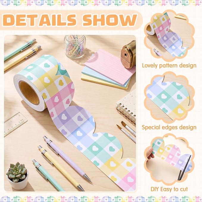 32.8 Ft Pastel Gingham Bulletin Board Borders, Scalloped | Checkered Hearts, Classroom Decor for Teachers, Cute Board Trim, Rainbow Style, Scalloped Paper Strip