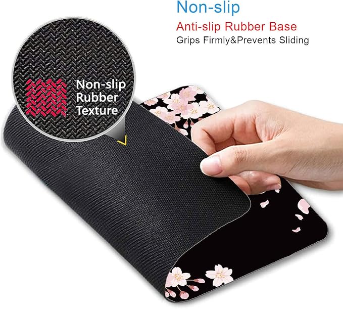 Cute Pink Flowers Mouse Pad, Cherry Blossom Mouse Pad, Serene Blossoms on Black Elegant Floral Mousepad, Japanese Minimalistic Mice pad for Computer Office Girl, 9.5 x 7.9 Inch