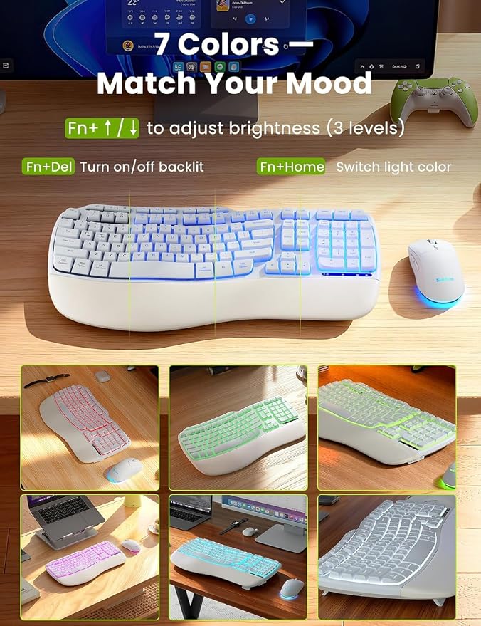 SABLUTE White Wireless Keyboard and Mouse Combo, Light up Ergonomic Keyboard Set, 2.4G Full Size Ergo Wave Key Board with Cushioned Plam Rest, Silent Mouse, for Computer/Laptop/Windows/Mac