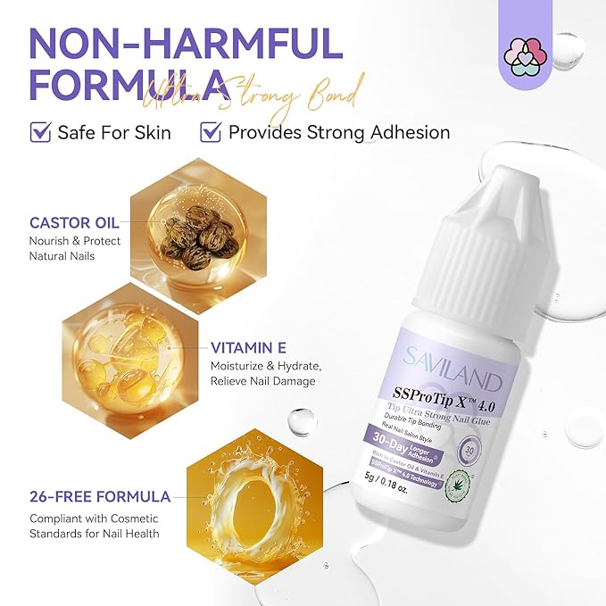 SAVILAND Strong Nail Glue for Nails Press On Nails: Extra Strength Acrylic Gel Glue 5g Long Lasting with Castor Oil Vitamin E Strong Hold Tip Fake Nail Tips No Cure Salon