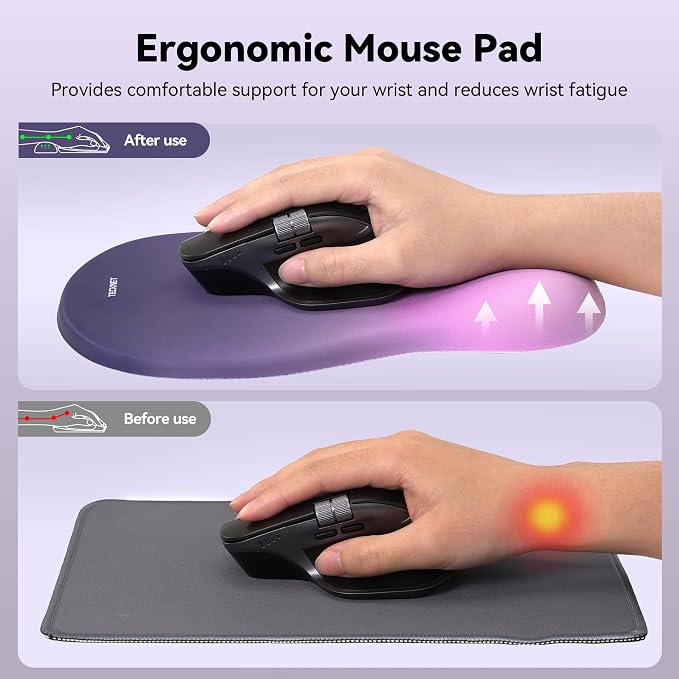 TECKNET Ergonomic Mouse Pad with Wrist Rest, Smooth Surface & Non-Slip Base | Memory Foam Mousepad with Wrist Support, Ergonomic Middle Concave for Laptop/PC, Pain Relief for Home Office, Gradient Purple
