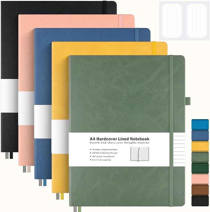 College Ruled Notebook, Large A4 Hardcover Leather Journal for Women Men | 5 Pack Lined Journal Notebook for Work School, No Bleed Thick Paper, Lay Flat, 8.5" x 11", Professional Business Notebook