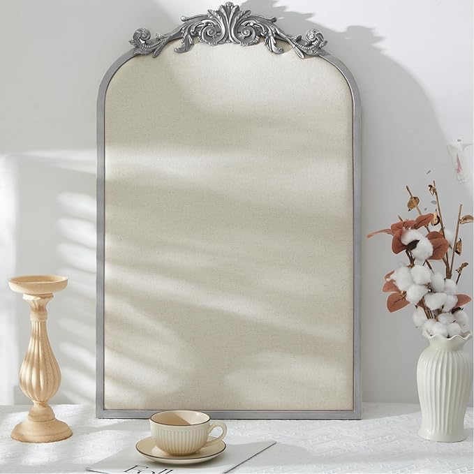 Vintage Framed Pin Board Linen Display Bulletin Board Large Ornate Fabric Picture Photo Pinboard Memo Decorative Prayer Pinboard Ornate for Wall Gift(Arch,19" X 31",Silver)