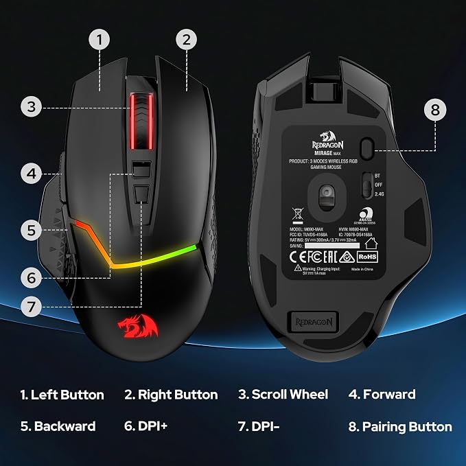 Redragon M690 MAX Wireless RGB Gaming Mouse 12800 DPI Remapping Keys | Cable-Free 0 Delay, Redefine Keybinding Macro, Vibing Backlight, Ergonomic Grip Body Comfort