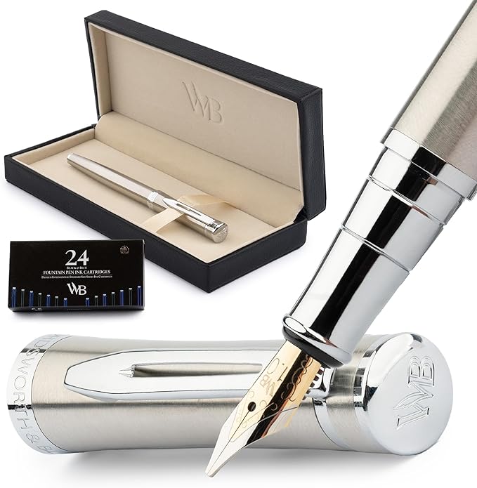 Wordsworth & Black Luxury Fountain Pen Set for Writing, Broad Nib, Silver | Gift for Men & Women, Brass Body, German Iridium, Calligraphy, Converter + 24 Ink Cartridges, Refillable, Leak-Free