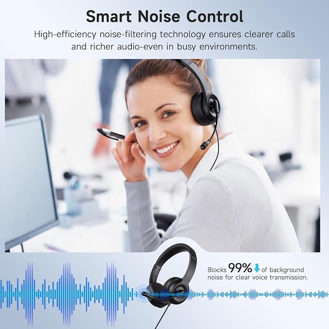 AOC USB Headset with Microphone for PC, On-Ear Wired Headphones with Mic | with Noise-Cancelling, 40mm Audio Drivers, USB-A Computer Headset for Office, Teams, Call Centers & Online Meetings (Black)