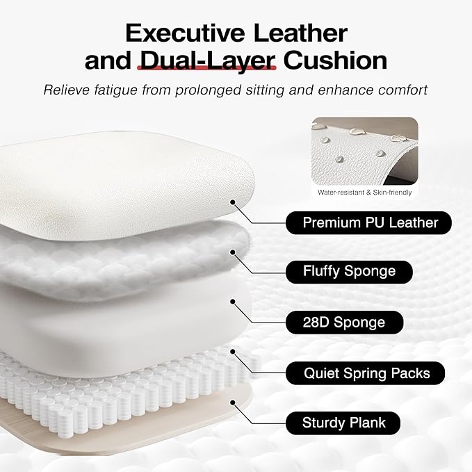 ALLGOD Big and Tall Office Chair 400LBS, Executive Ergonomic Leather Chair with Footrest, Wide Seat Gaming Office Chair with Pocket Spring Cushion, Reclining High Back Computer Desk Chair, White