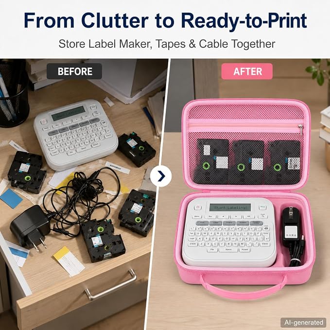 GWCASE Hard Label Maker Case for Brother P-Touch PT-D220/PT-D210, Case Only | Label printer case with shaped tray and zip mesh pocket for label tapes, batteries and AC adapter in home office storage