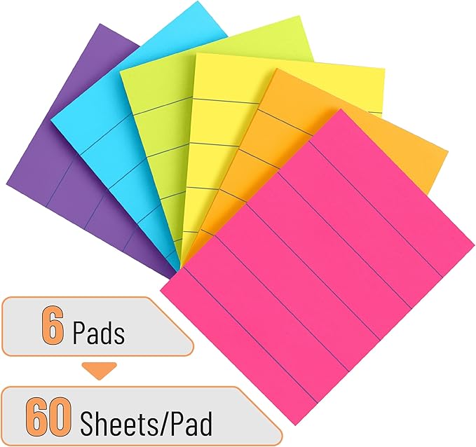 Mr. Pen- Lined Sticky Notes 1.5x2, 6 Pads, 60 Sheets/Pad, Vibrant Colors, Sticky Notes with Lines, Sticky Note Pads, Mr Pen Sticky Notes, Stocky Notes for Bible Journaling