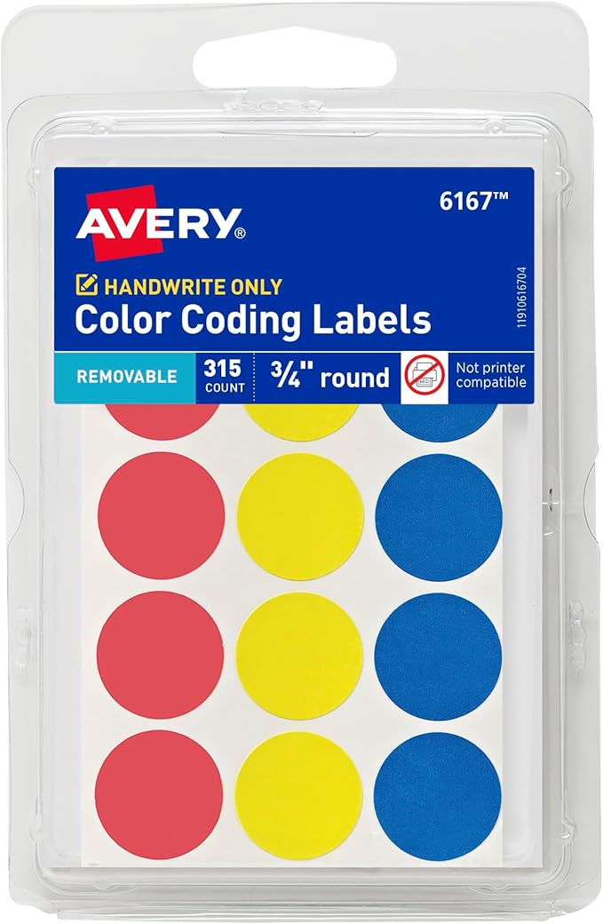 Avery Color-Coding Removable Labels, 3/4 Inch Round Labels, Assorted Colors, Non-Printable, 315 Dot Stickers Total (6167)