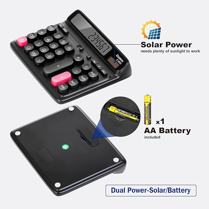 Comix Desk Calculator with 12 Digits Large LCD Display, Solar Battery Dual Power, Large Computer Keys Basic Calculator for Home Office School