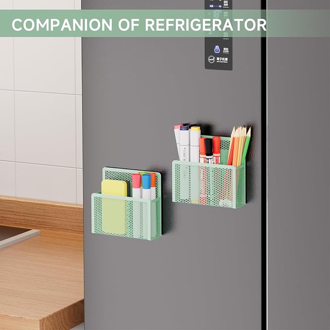 Marbrasse Magnetic Dry Erase Marker Holder, Mesh Pen Holder for Whiteboard，Magnet Pencil Organizer Storage for Refrigerator Locker Accessories Organizer for Home, School and Office (Green 4p)